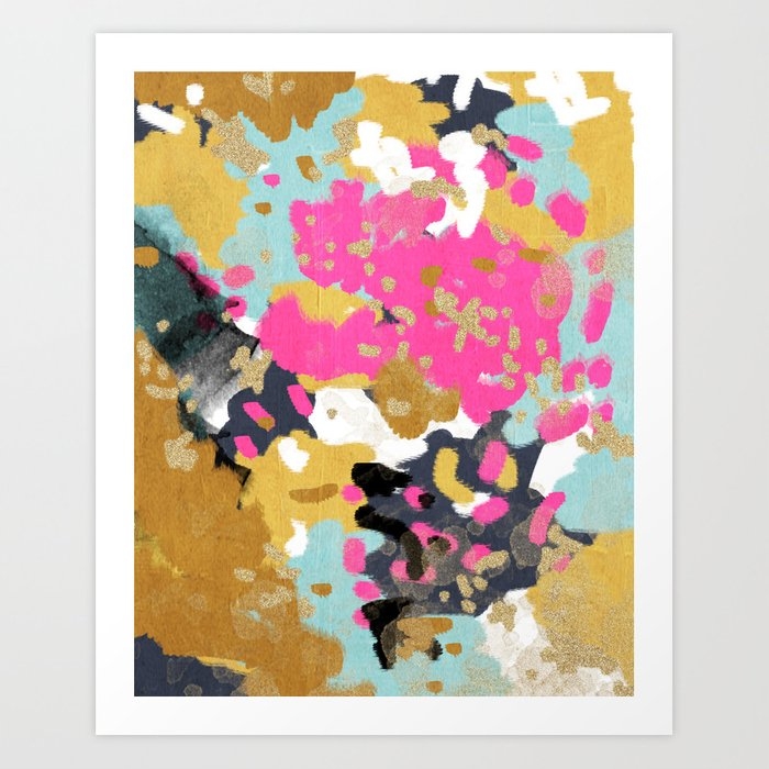 Laurel - Abstract Painting In A Free Style With Bold Colors Gold, Navy, Pink, Blush, White, Turquois Art Print by Charlottewinter - X-Small - Image 0