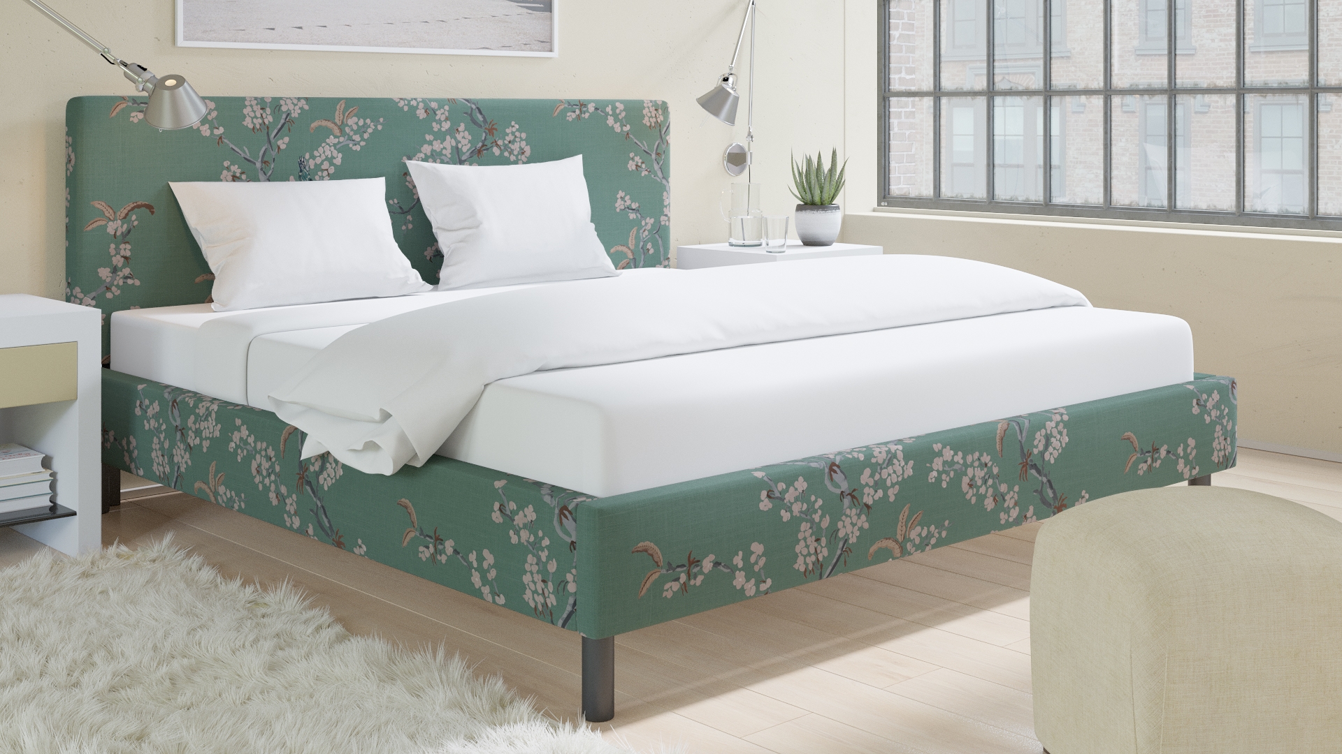 Tailored Platform Bed, Mint Cherry Blossom, King - Image 2
