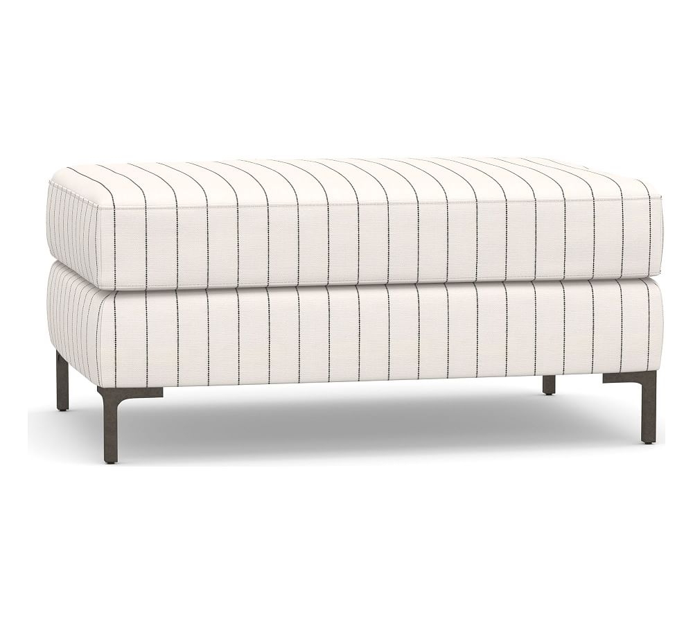 Jake Upholstered Ottoman with Bronze Legs, Polyester Wrapped Cushions, Sunbrella(R) Performance Harbor Stripe Classic - Image 0