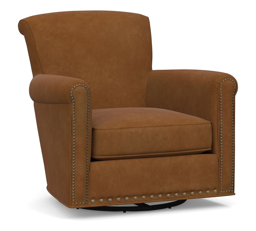 Irving Roll Arm Leather Swivel Glider, Bronze Nailheads, Polyester Wrapped Cushions, Nubuck Caramel - Image 0