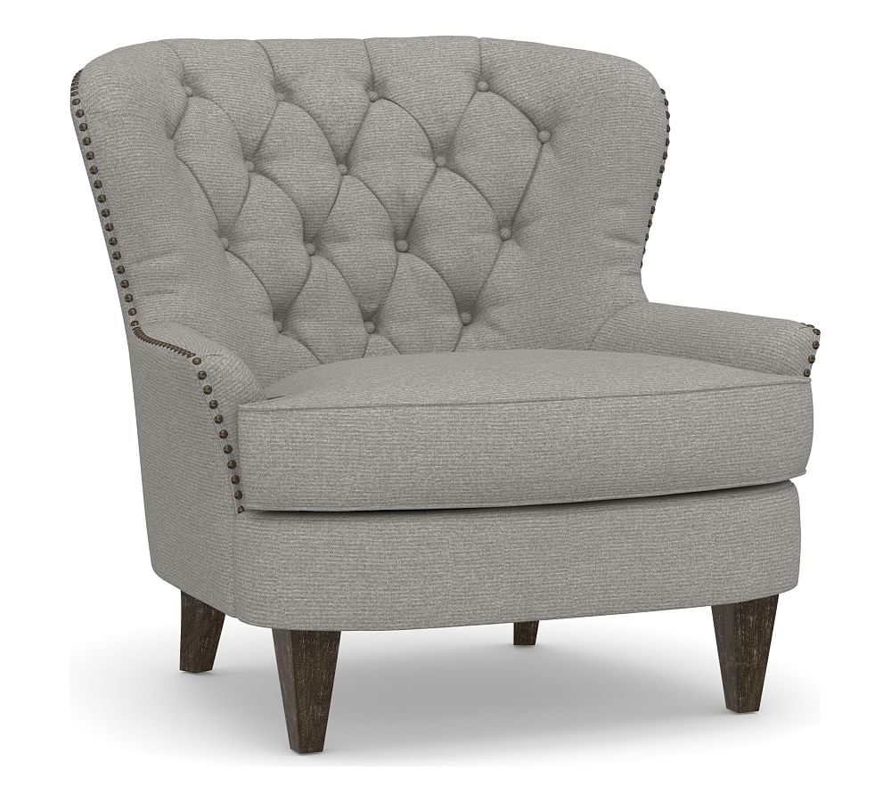 Cardiff Tufted Upholstered Armchair with Nailheads, Polyester Wrapped Cushions, Performance Heathered Basketweave Platinum - Image 0