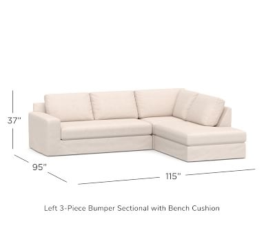 Big Sur Square Arm Slipcovered Right-Arm 3-Piece Bumper Sectional, Down Blend Wrapped Cushions, Chenille Basketweave Oatmeal - Image 1