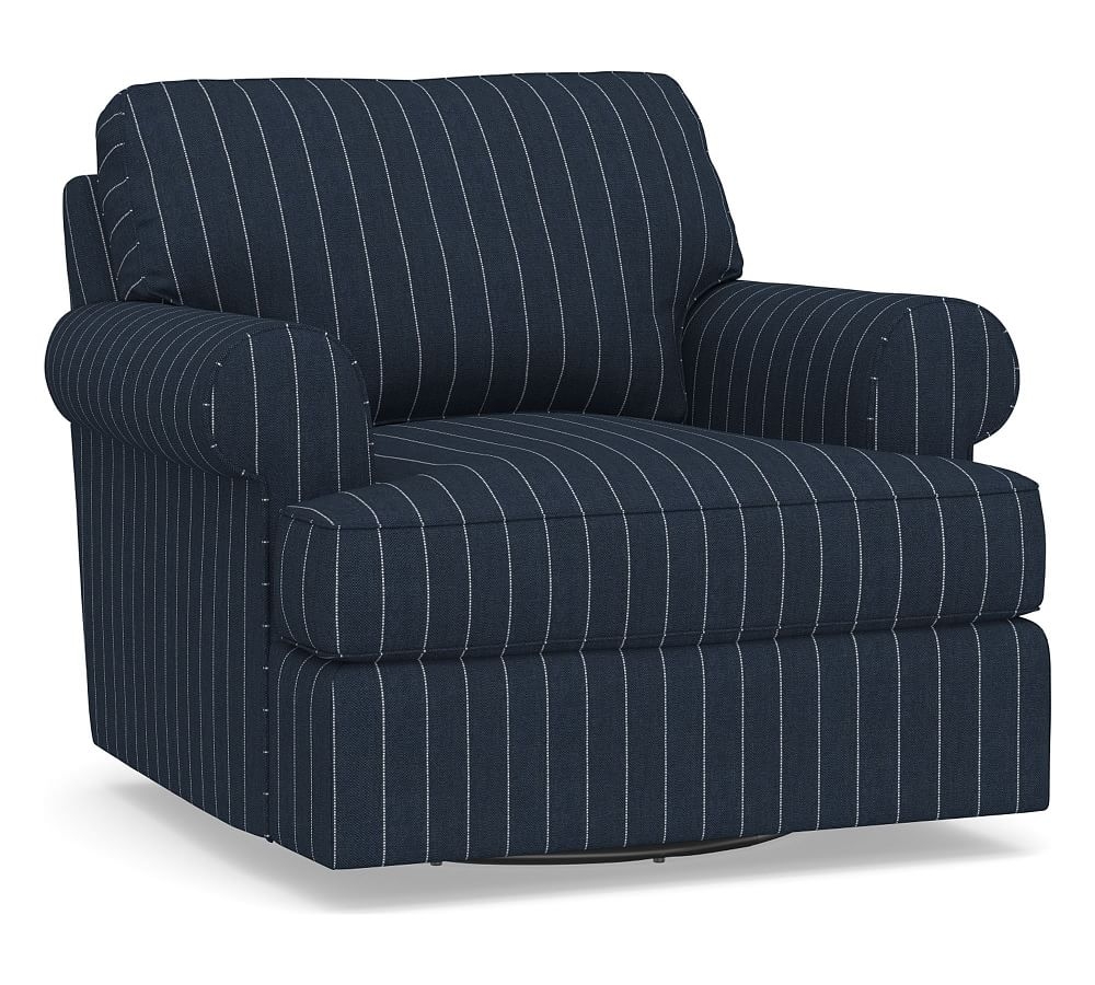 Townsend Roll Arm Upholstered Swivel Armchair, Polyester Wrapped Cushions, Sunbrella(R) Performance Harbor Stripe Indigo - Image 0