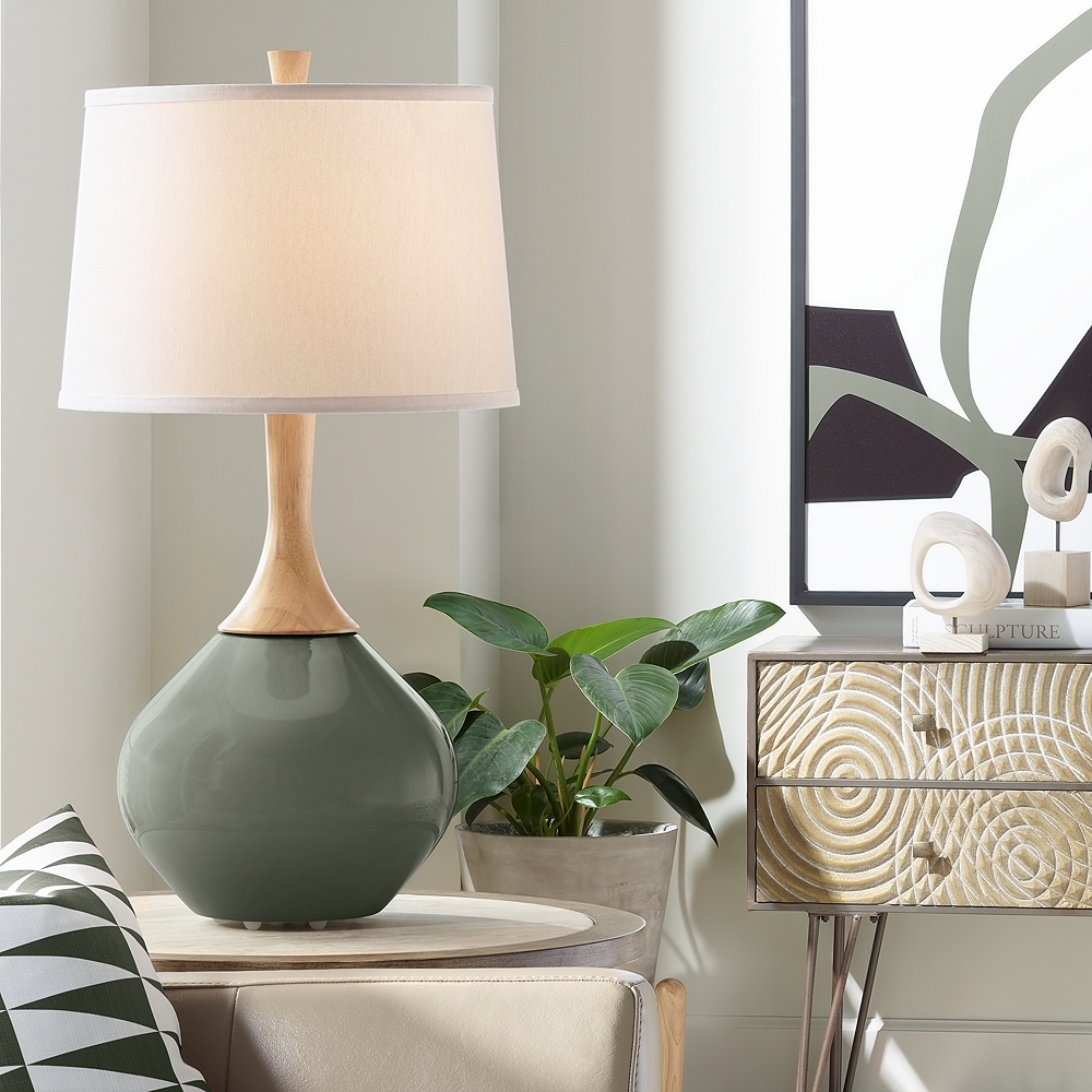 Color Plus Wexler 31" High Fog Linen Shade Pewter Green Table Lamp - Image 0