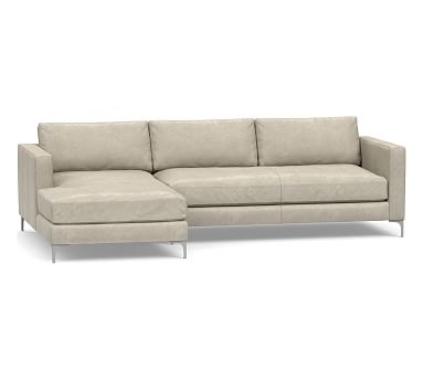 Jake Leather Right Arm Loveseat with Chaise Sectional, Bench Cushion and Brushed Nickel Legs, Down Blend Wrapped Cushions, Statesville Pebble - Image 0