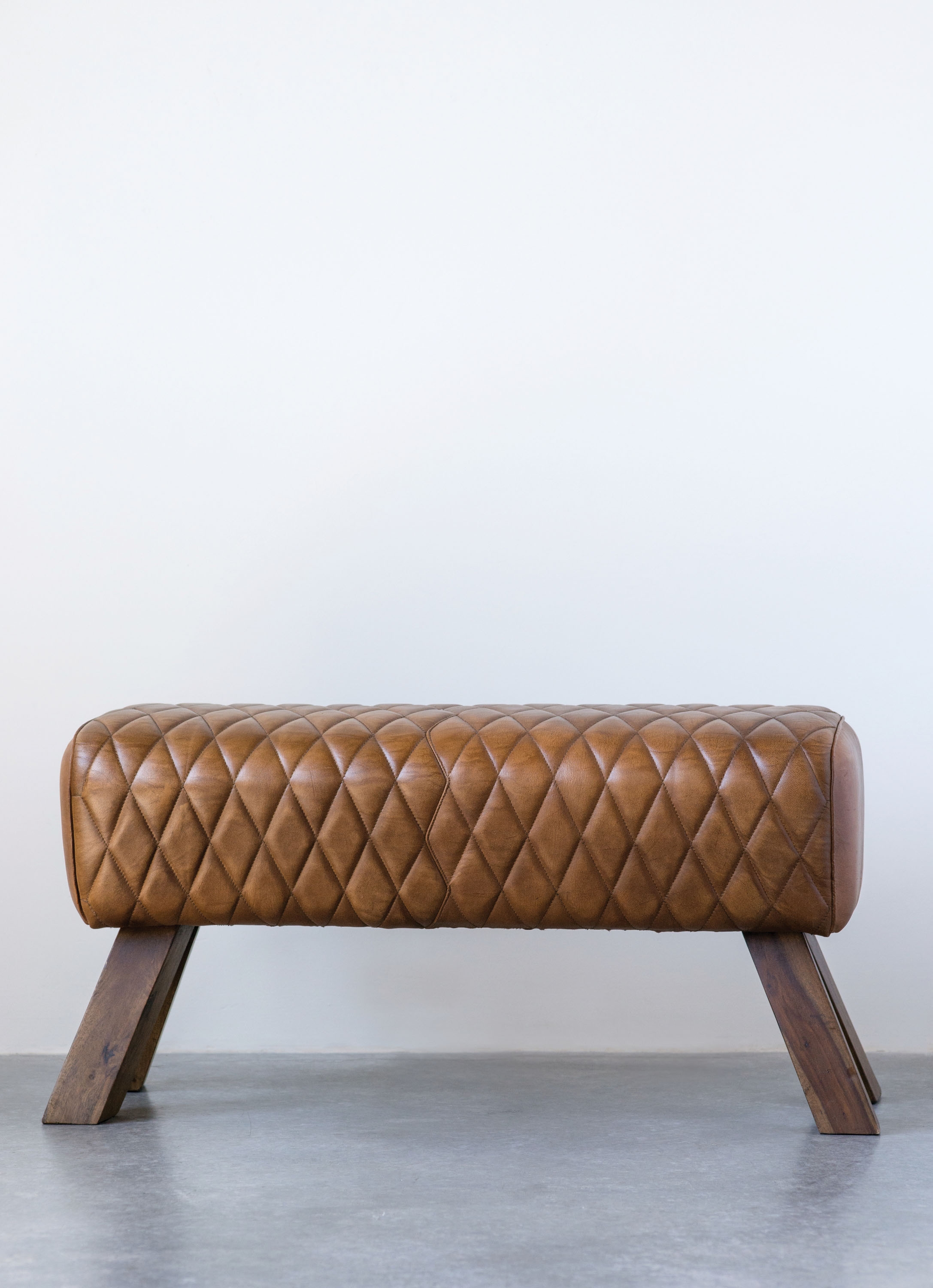 Brown Stitched Leather & Wood Bench - Image 0