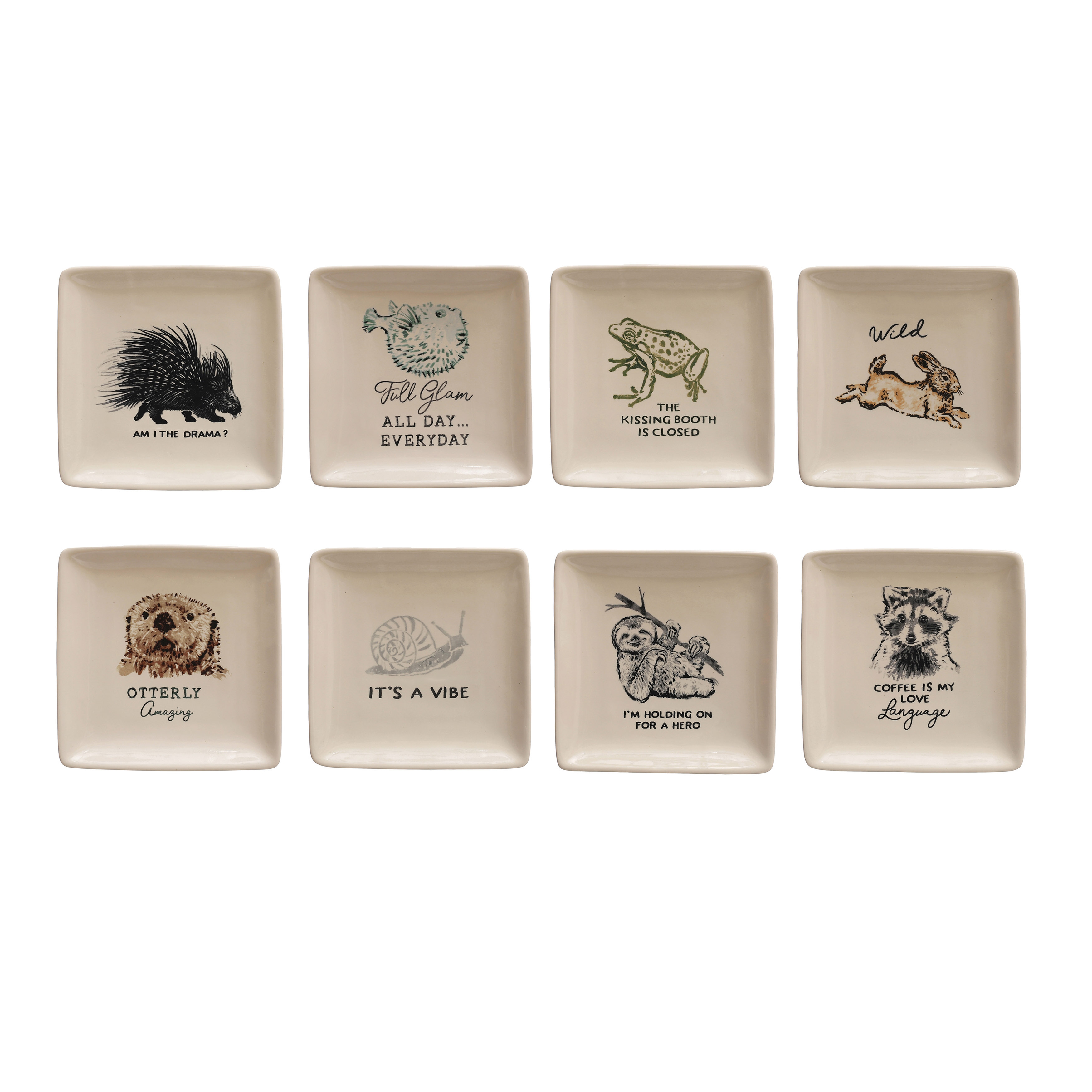 5 Inches Square Stoneware Dish with Animal and Text Prints, Cream, Set of 8 - Image 0