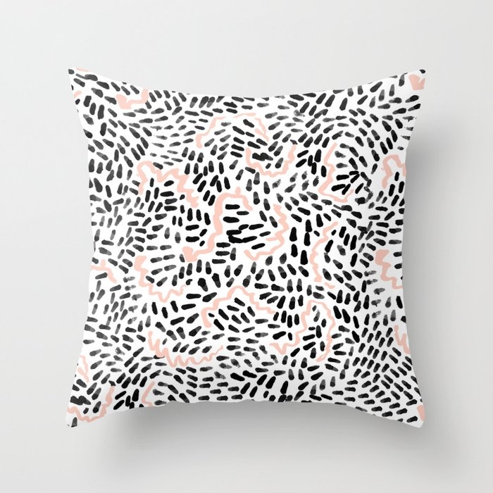Katli - Abstract Dots Swirls Minimal Black And White Pastel Pink Pattern Decor Throw Pillow by Charlottewinter - Cover (16" x 16") With Pillow Insert - Indoor Pillow - Image 0
