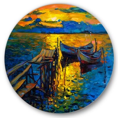 Boat During Evening Glow At The Lake II - Nautical & Coastal Metal Circle Wall Art - Image 0
