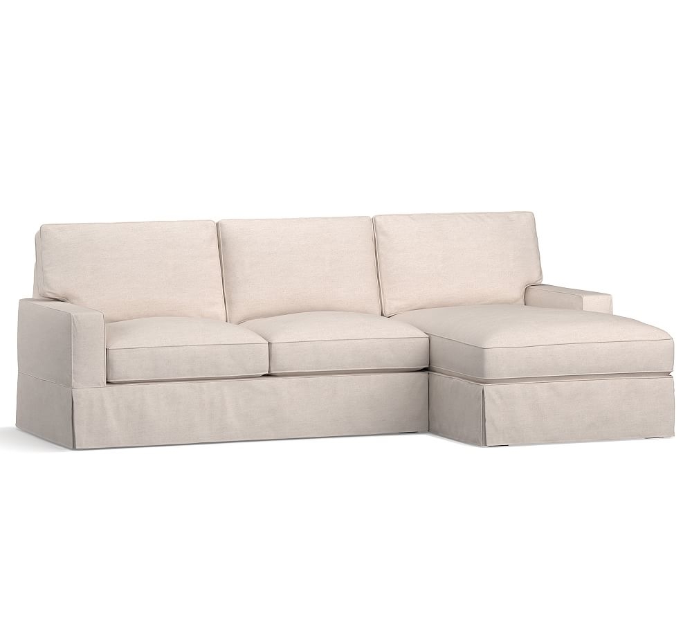 PB Comfort Square Arm Slipcovered Left Arm Loveseat with Chaise Sectional, Box Edge, Memory Foam Cushions, Performance Brushed Basketweave Sand - Image 0