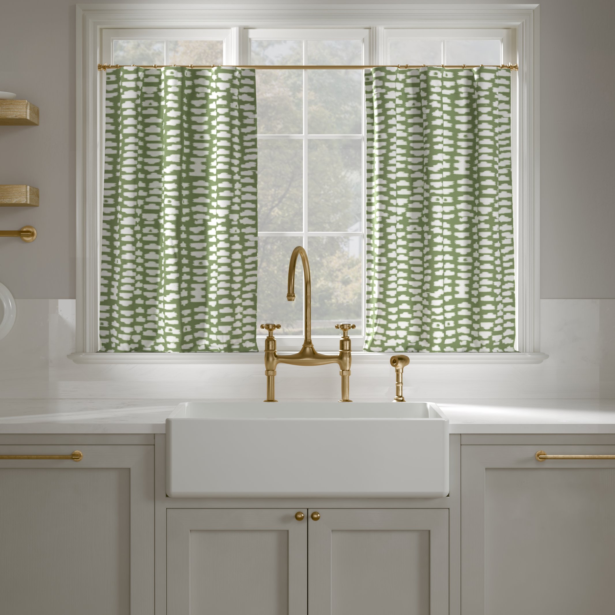 Printed Linen Café Curtain, Olive Odalisque, 25" x 30", Privacy - Image 0