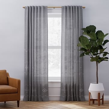 European Flax Linen Ladder Stripe Curtain, Slate Melange/White, 48"x84" - Image 0