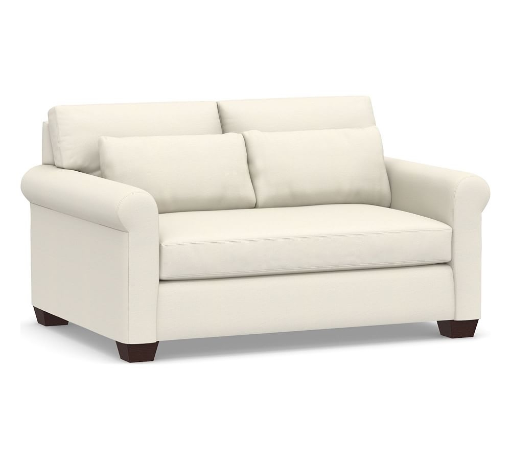 York Roll Arm Upholstered Deep Seat Loveseat 64" with Bench Cushion, Down Blend Wrapped Cushions, Textured Twill Ivory - Image 0
