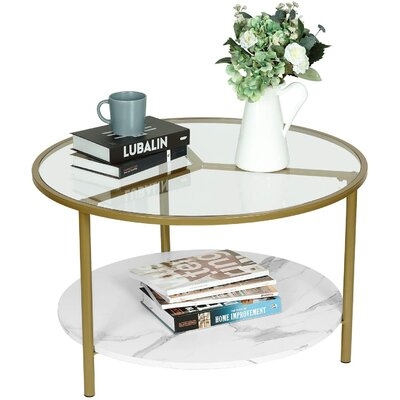 Modern Round Tempered Glass Accent Coffee Table With Unique Gold Metal Frame, Extra Storage For Living Room, Dining Room, Tea, MDF Table Base With White Marble Texture, CT219-WH - Image 0