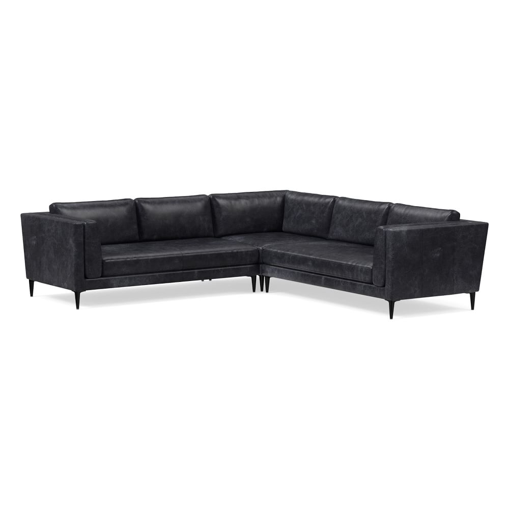 Anton 104" 3-Piece Sectional, Sierra Leather, Licorice, Polished Dark Pewter - Image 0