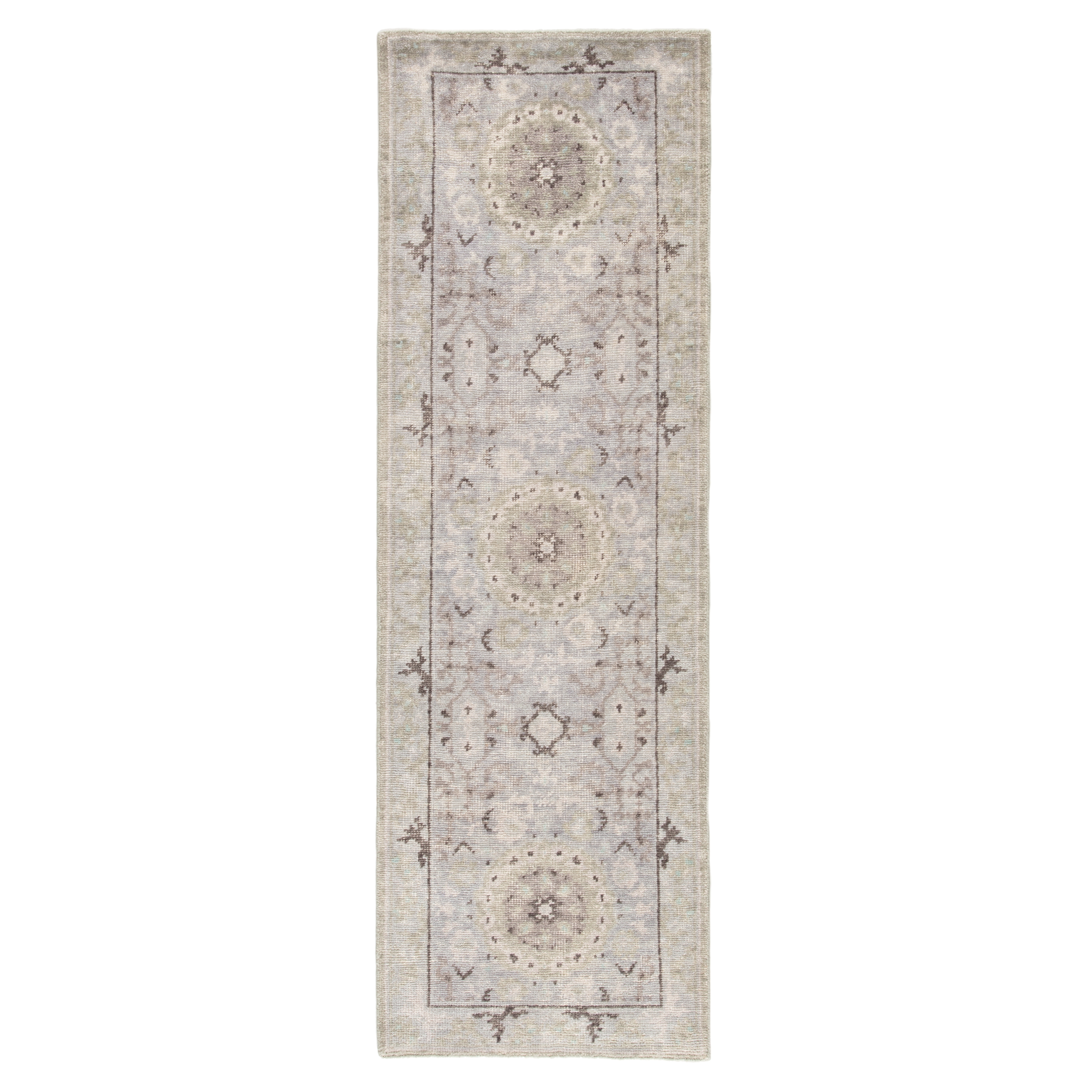 Modify KAI04 Handknotted Medallion Gray and Light Green Runner Rug (2'6"x8') - Image 0