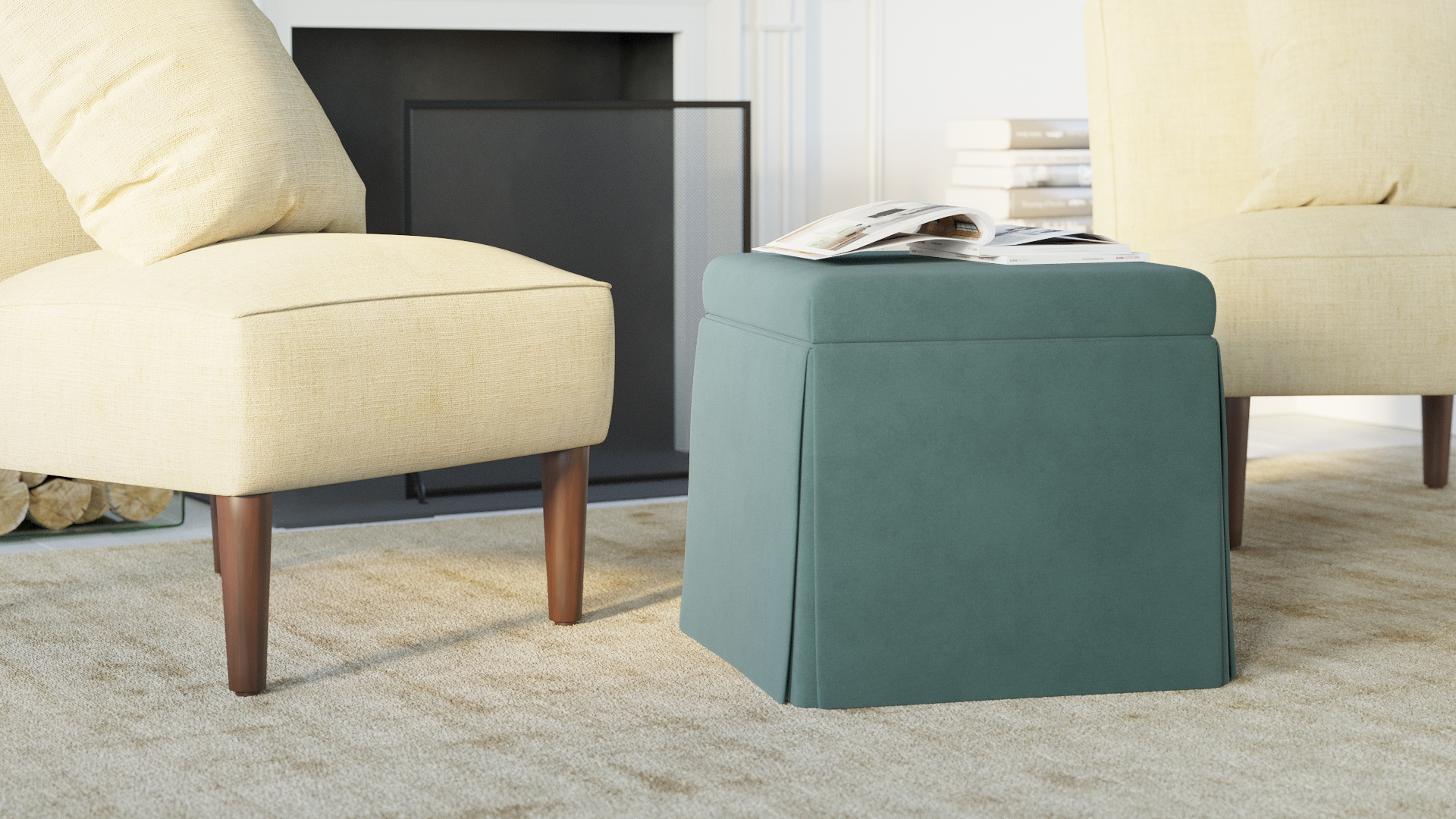 Skirted Storage Ottoman, Aqua Classic Velvet - Image 2
