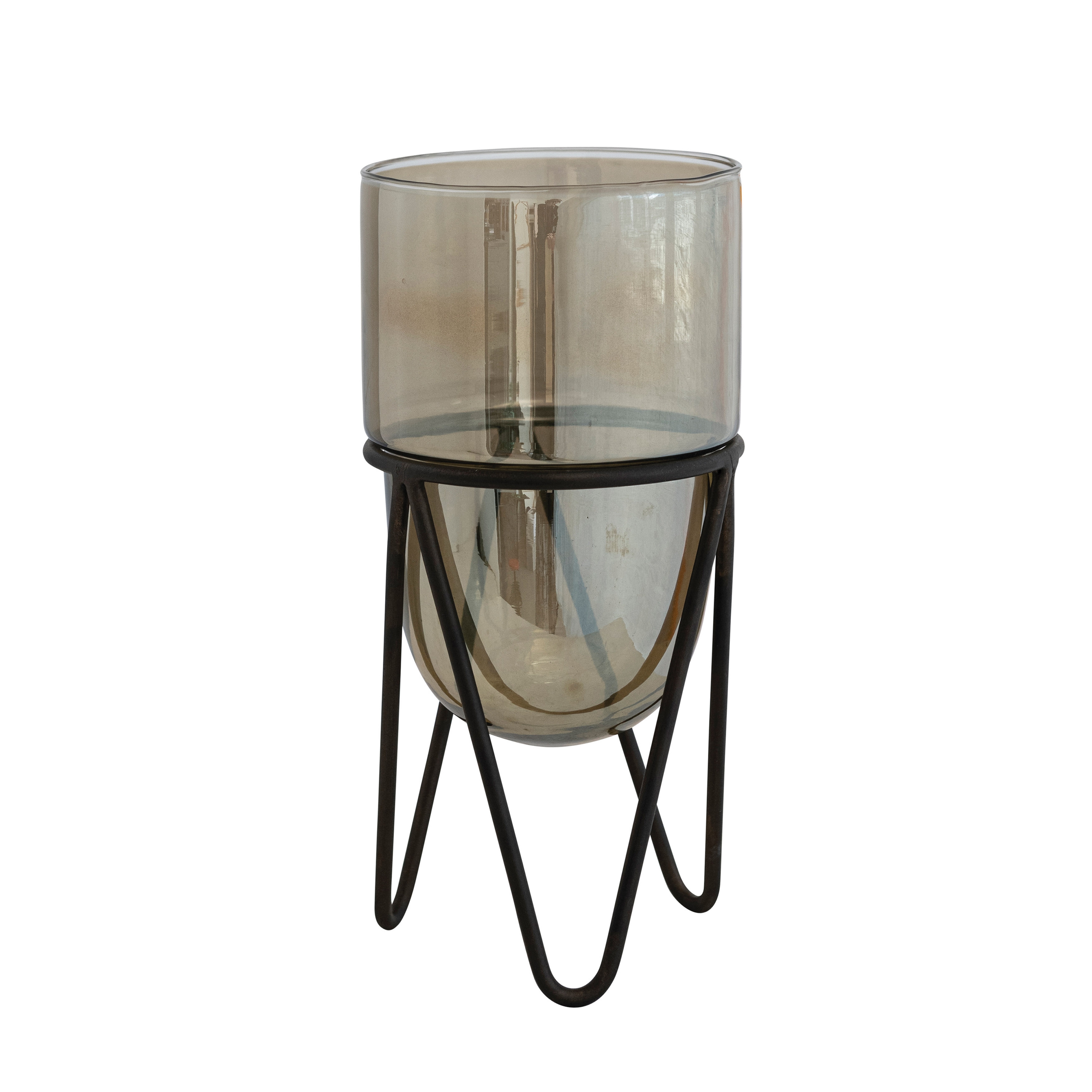 Glass Pillar Candle Holder with Metal Stand, Brown and Black - Image 0