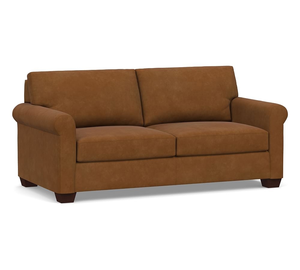York Roll Arm Leather Loveseat 75", Polyester Wrapped Cushions, Nubuck Caramel - Image 0