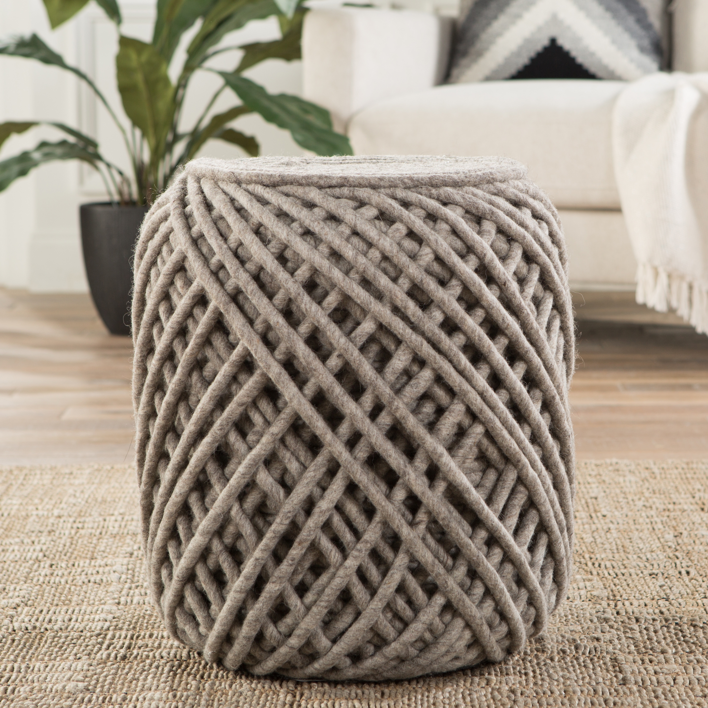 Anneli Textured Cylinder Pouf, Ash Gray - Image 1