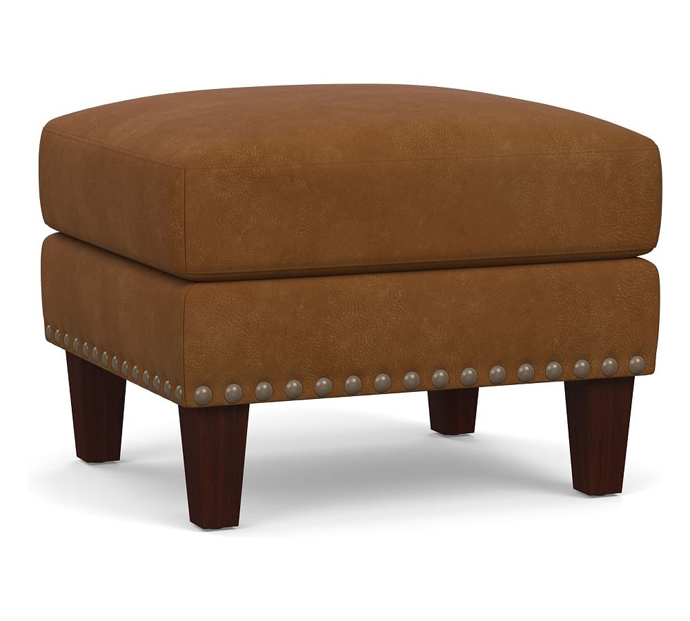 Harlow Leather Ottoman with Bronze Nailheads, Polyester Wrapped Cushions, Nubuck Caramel - Image 0