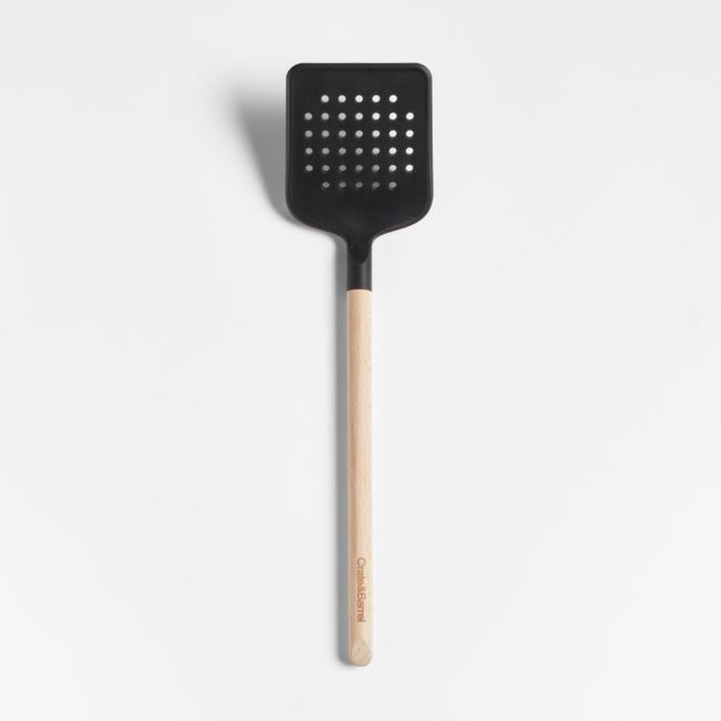 Crate & Barrel Black Silicone and Wood Slotted Turner Spatula - Image 0