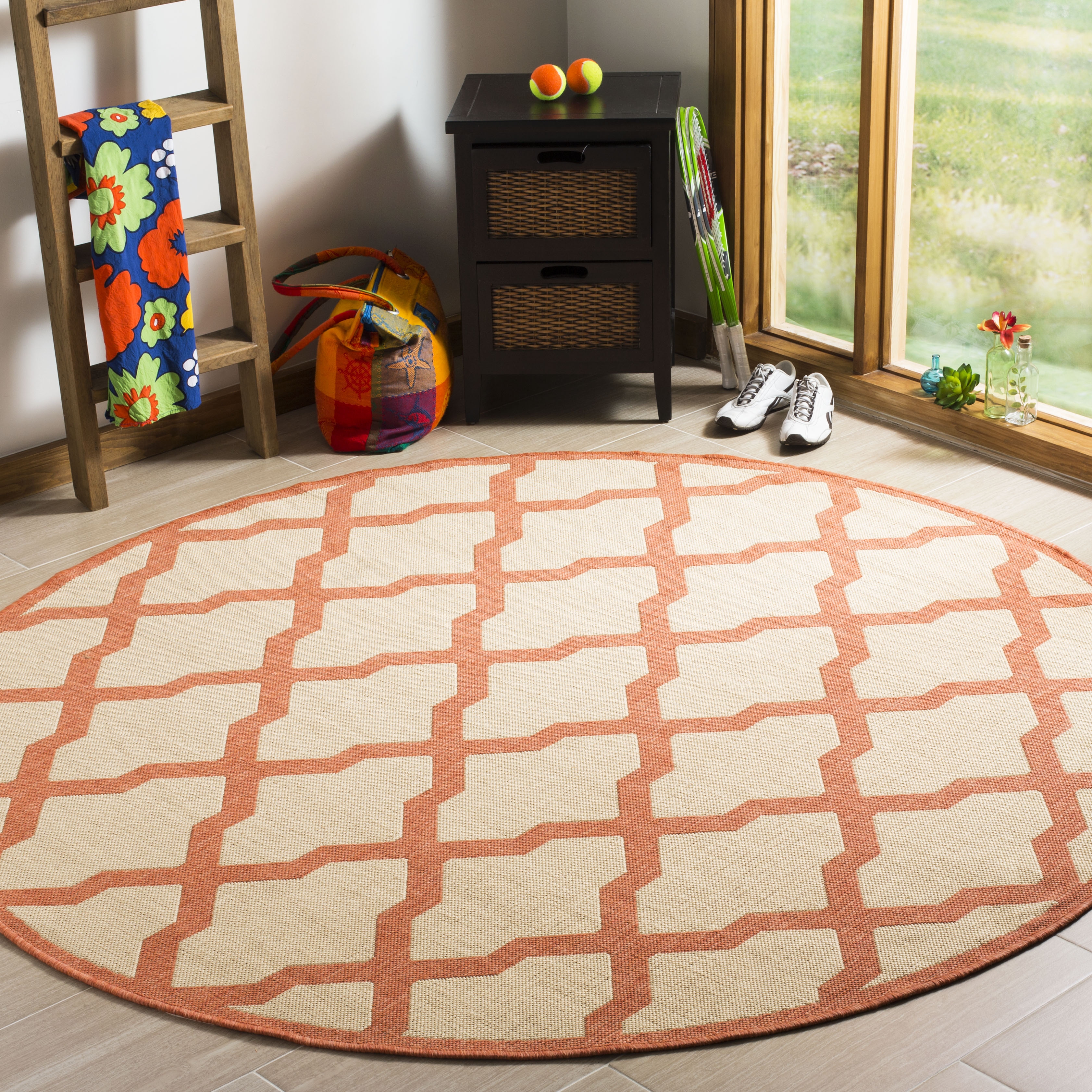 Arlo Home Indoor/Outdoor Woven Area Rug, LND122R, Cream/Rust,  6' 7" X 6' 7" Round - Image 1