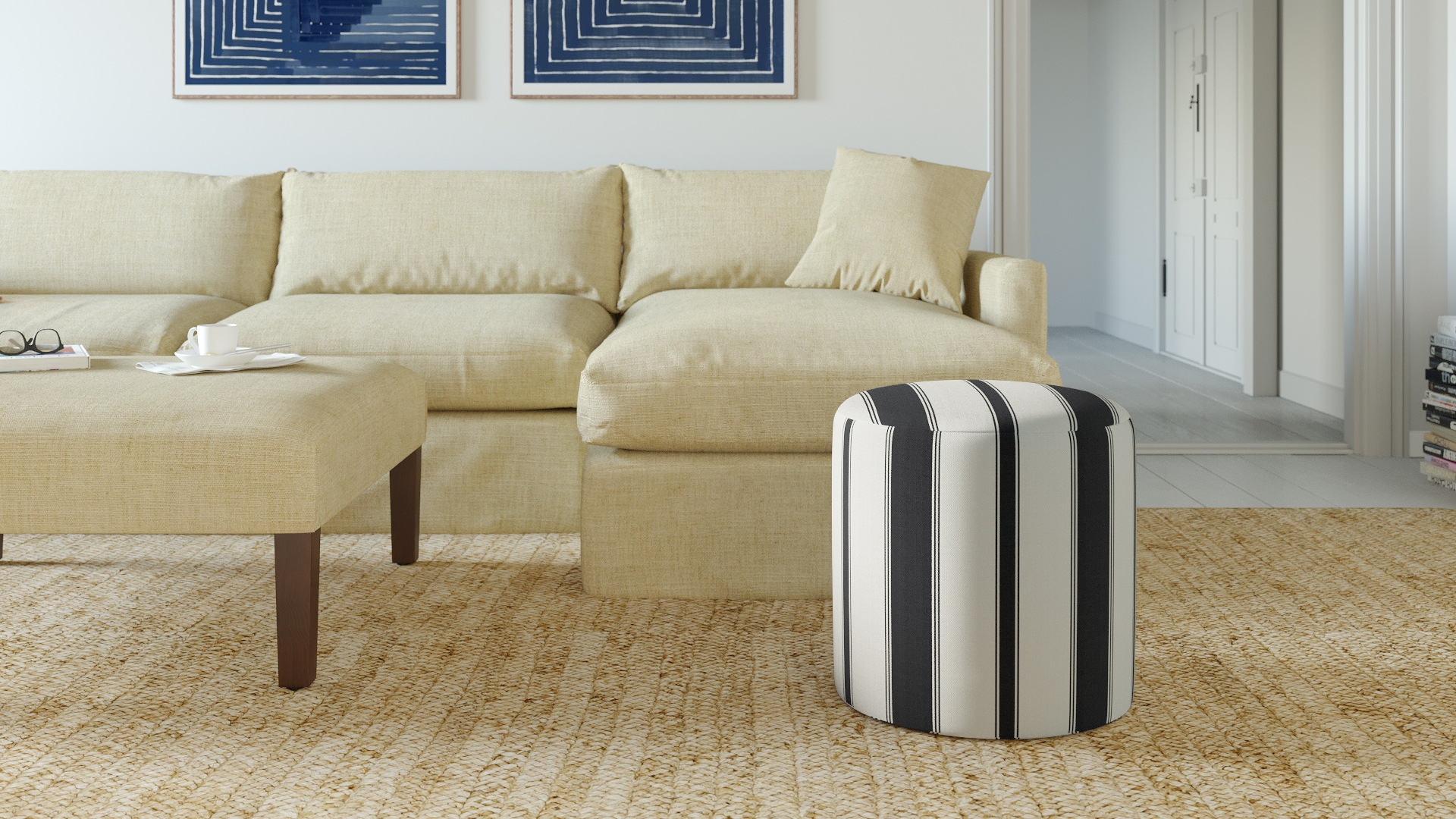 Drum Ottoman, Ink Clarence Stripe - Image 1