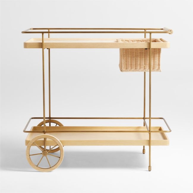 Wicker Park 36" Natural Oak Wood and Marble Bar Cart - Image 0