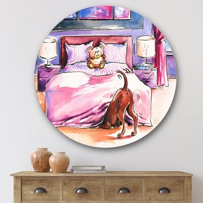 Brown Dog Looking Under The Bed - Farmhouse Metal Circle Wall Art - Image 0