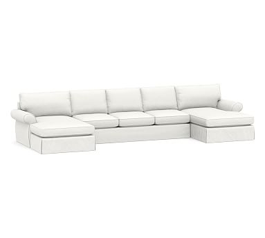 Pearce Roll Arm Slipcovered U-Double Chaise Sofa Sectional, Down Blend Wrapped Cushions, Performance Slub Cotton White - Image 0