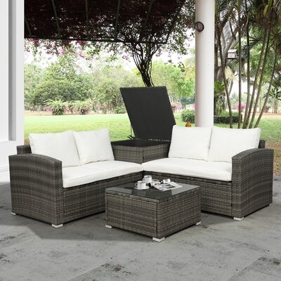 4 PCS Outdoor Cushioned PE Rattan Wicker Sectional Sofa Set Garden Patio Furniture Set (Beige Cushion) - Image 0