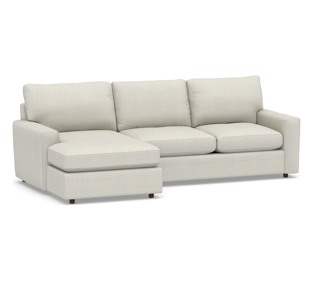 Pearce Modern Square Arm Upholstered Right Arm Loveseat with Chaise Sectional, Down Blend Wrapped Cushions, Performance Heathered Basketweave Dove - Image 0