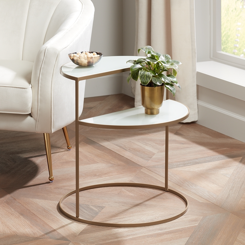 Danica 22 1/4" Wide Gold Metal and White Glass Two-Tier Side Table - Image 0