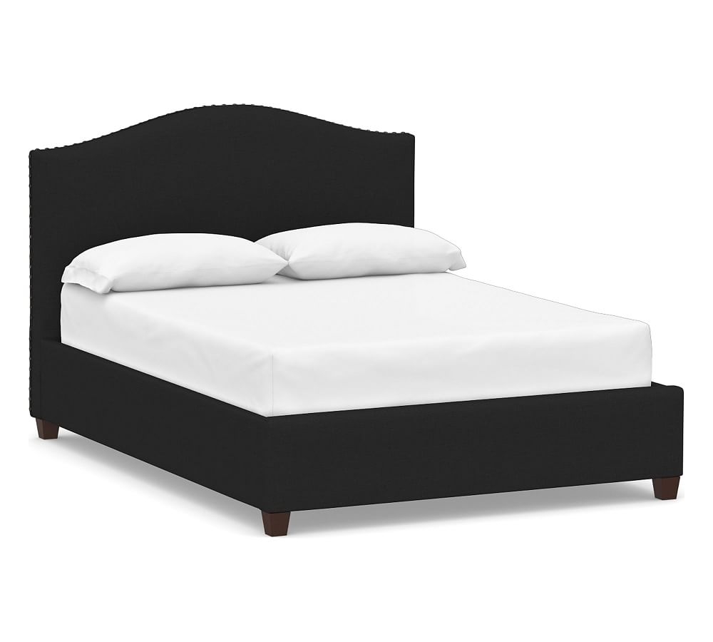 Raleigh Curved Upholstered Low Bed with Bronze Nailheads, King, Textured Basketweave Black - Image 0