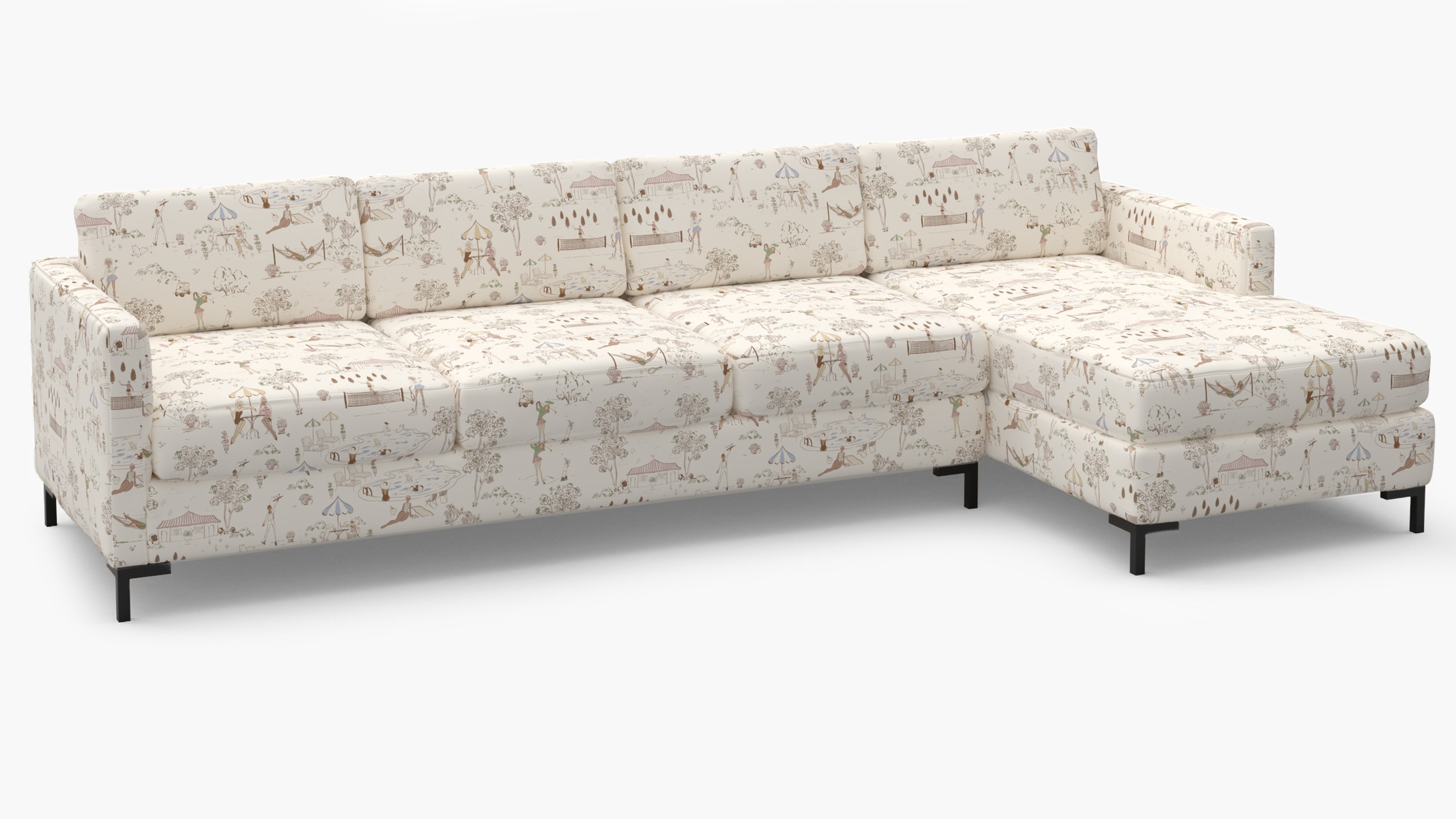 Modern Sectional, Right Facing, Multi Country Club Toile, Bronze L Leg - Image 1