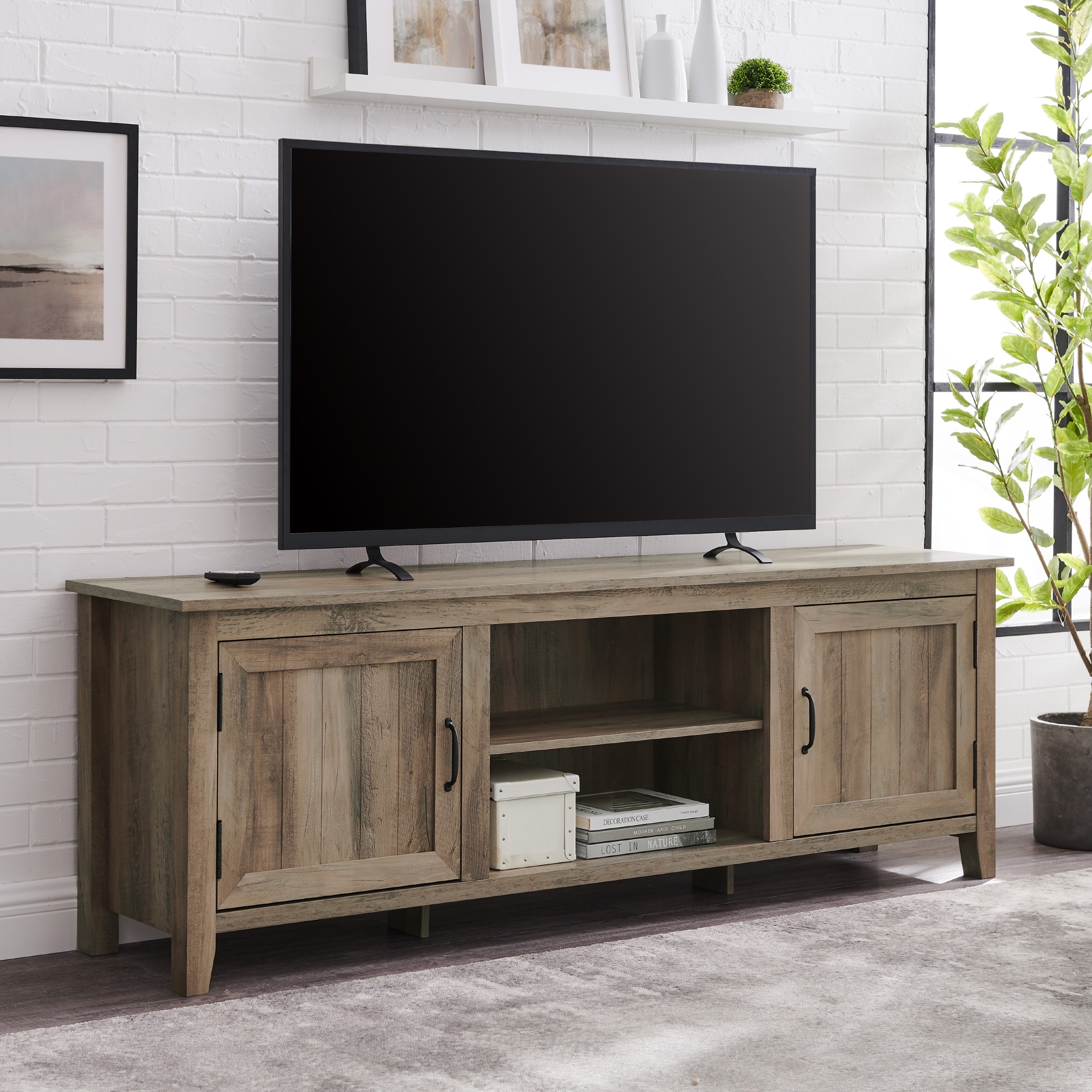 70" Modern Farmhouse Simple Grooved Door Wood TV Stand - Grey Wash  - Image 4