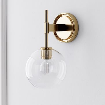 Sculptural Flat Bar Sconce, Globe Small, Clear, Antique Brass 8.5" - Image 1