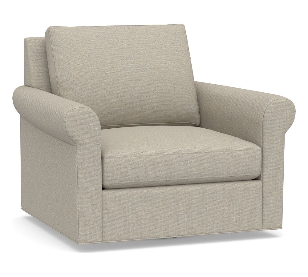 Sanford Roll Arm Upholstered Swivel Armchair, Polyester Wrapped Cushions, Performance Boucle Fog - Image 0