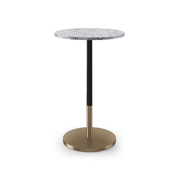 Restaurant Table, Top 30" Round, White Faux Marble, Bar Ht Orbit Base, Bronze/Brass - Image 0