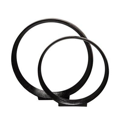 Set of 2 Metal Ring Sculptures - Modern Abstract Black Aluminum 12" and 14" Circular Sculpture - Image 0