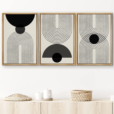 Modern Abstract Wall Art Black Semi-Circle An Line Parabola Framed Art - 3 Piece Floater Frame Print Set on Canvas - Image 0