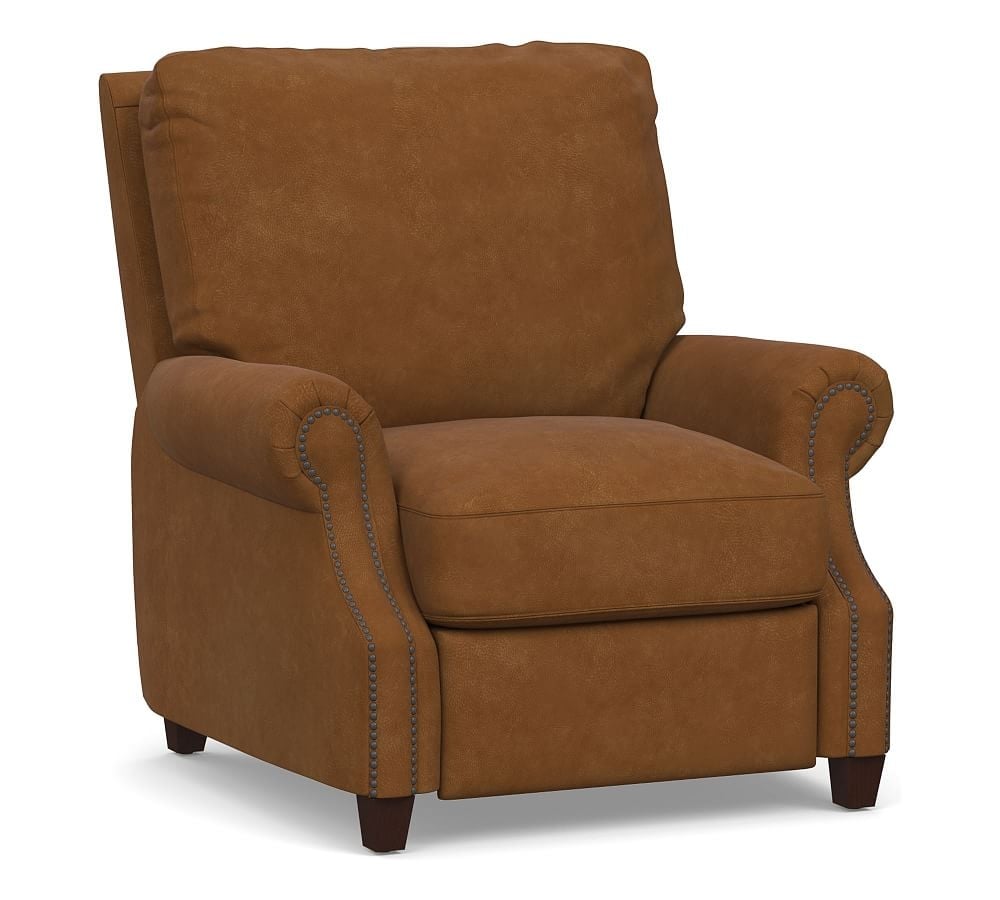 James Roll Arm Leather Recliner, Down Blend Wrapped Cushions, Nubuck Caramel - Image 0