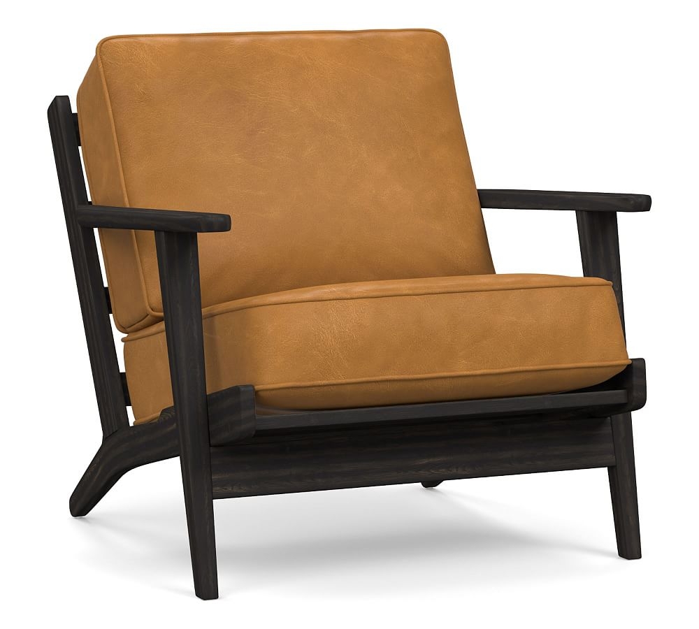 Raylan Leather Armchair with Black Frame, Down Blend Wrapped Cushions, Vintage Camel - Image 1