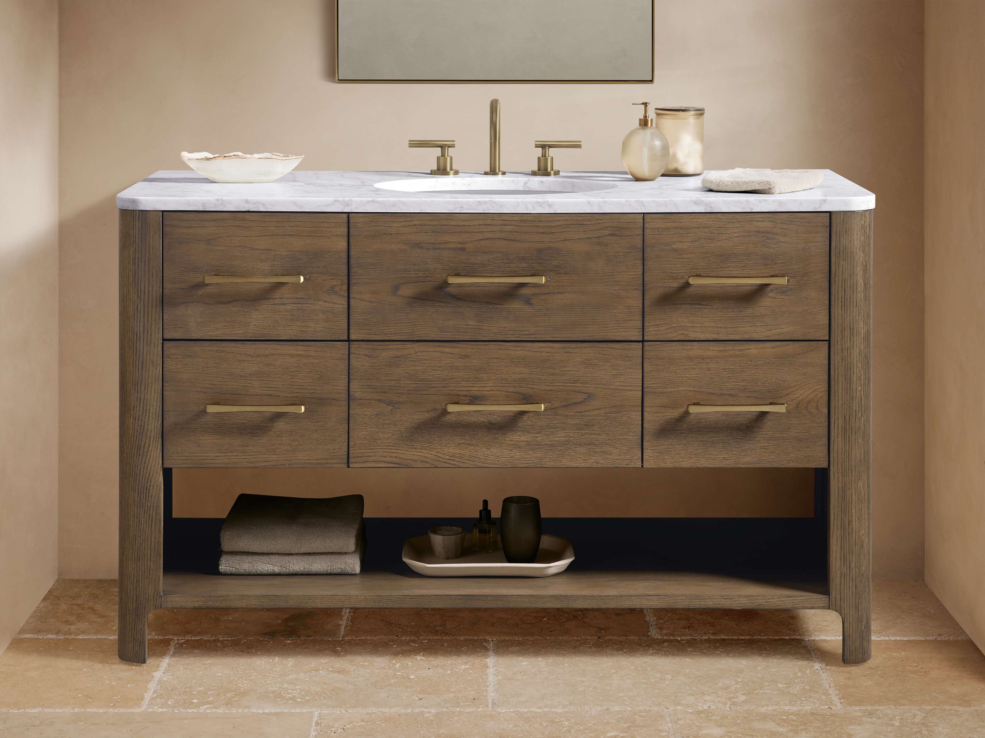 Calista Wide Single Vanity in Wood Brown  Carrara/Cocoa Brass - Image 0