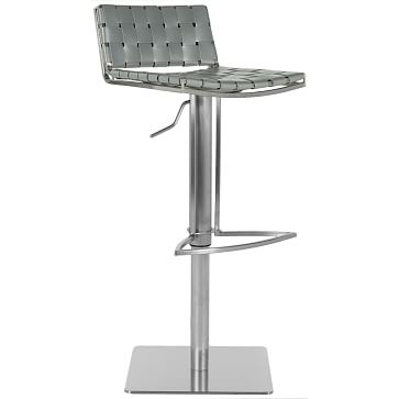 Woven Leather Bar Stool, Leather, Gray, Stainless Steel - Image 0