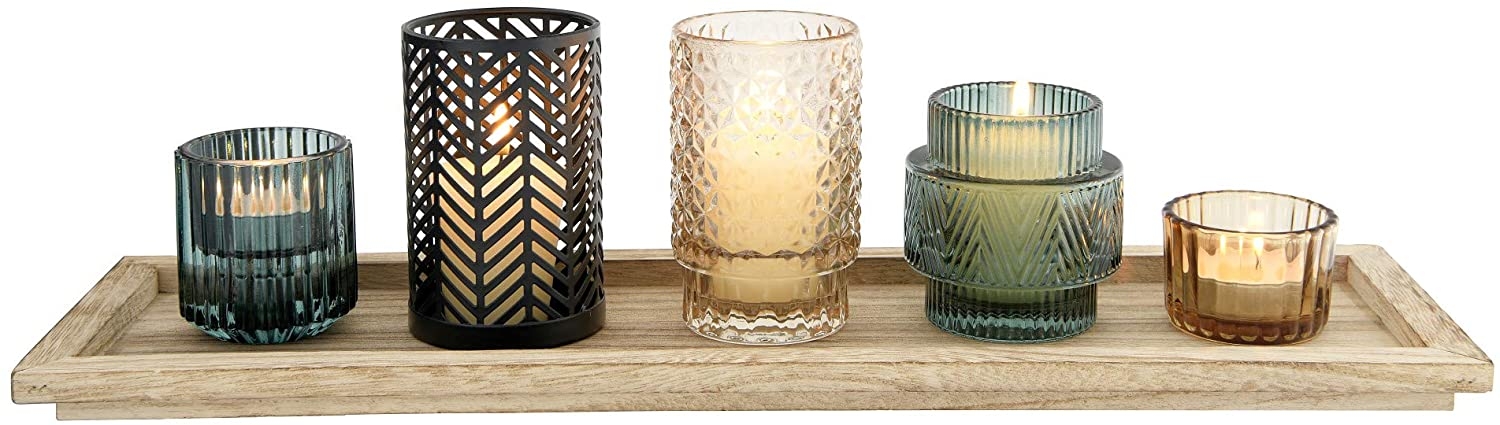 Embossed Glass & Metal Tealight Holders with Wood Tray, Set of 6 - Image 3