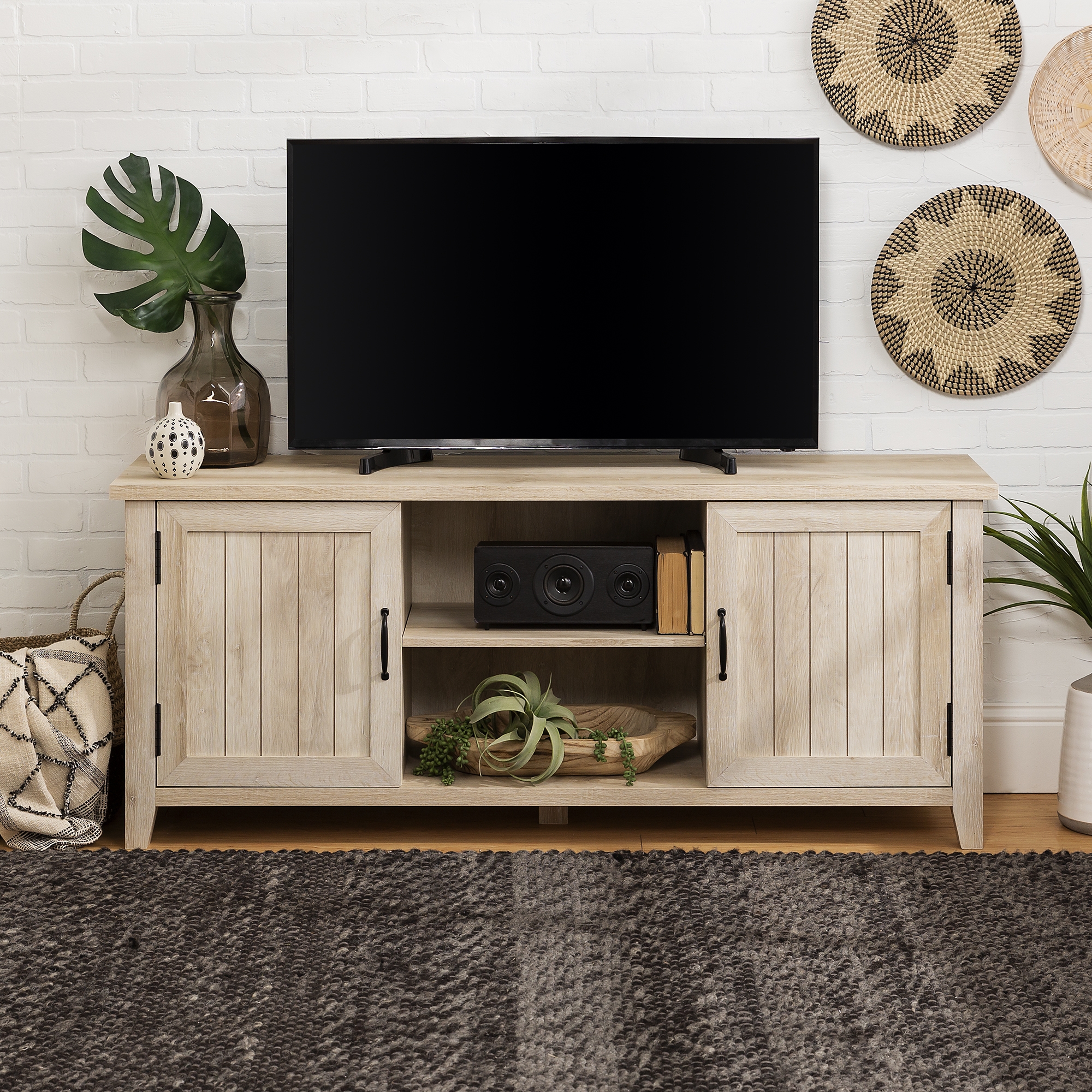 58" Modern Farmhouse Grooved 2 Door TV Stand - White Oak   - Image 6