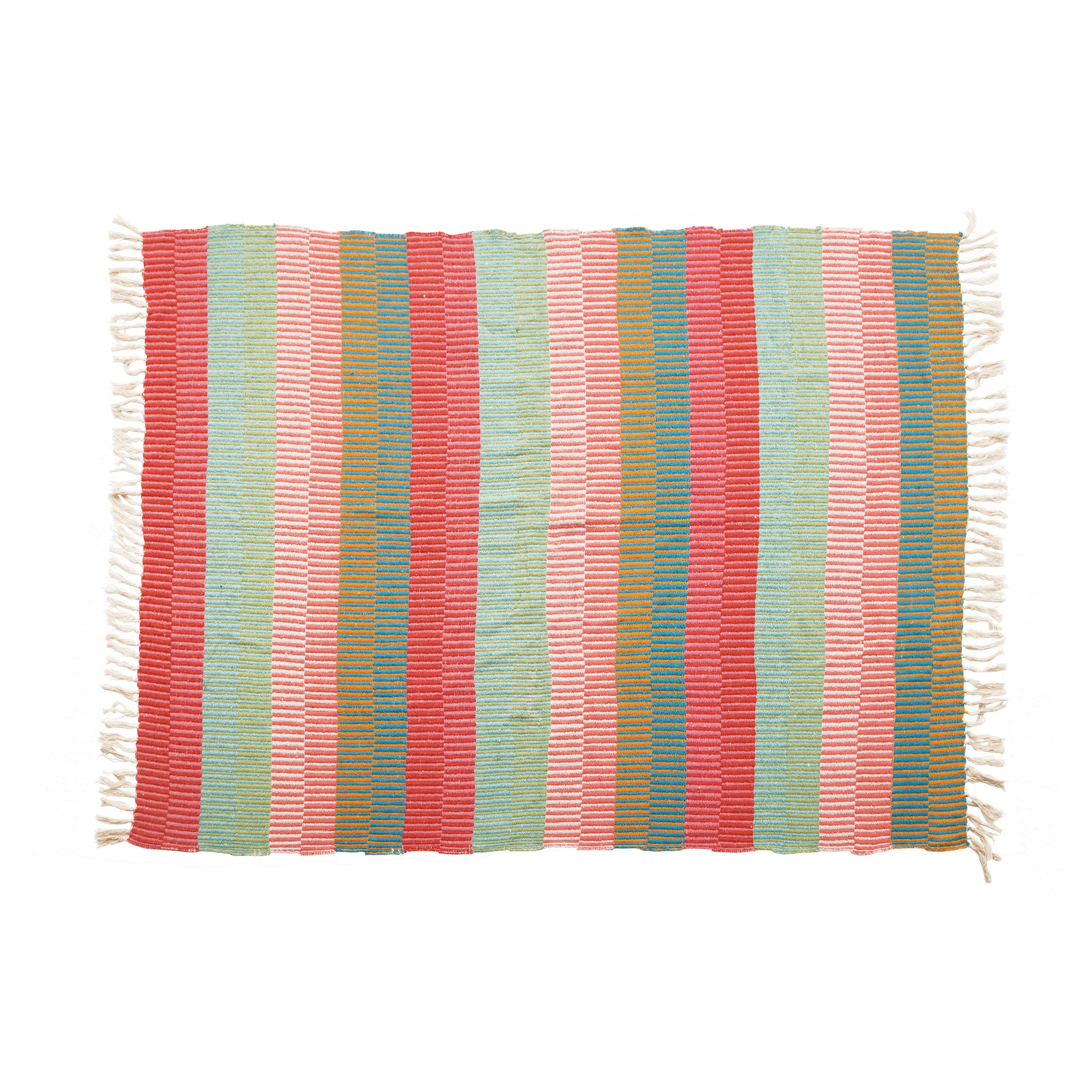 Soft Woven Reclaimed Cotton Blend Throw with Stripes and Fringe, Multicolor - Image 0