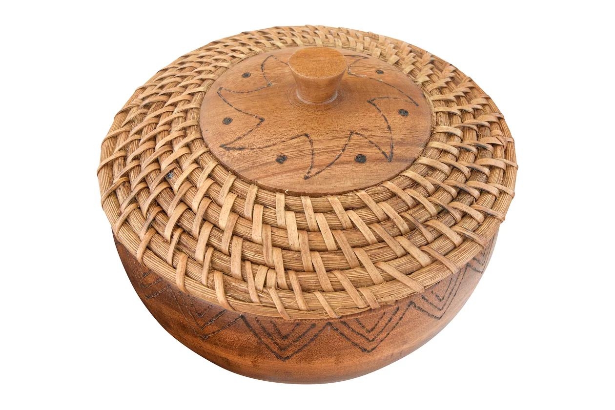Round Woven Rattan & Acacia Wood Container with Lid & Burned Design, 9.5" - Image 3